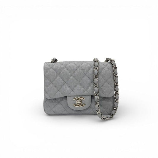 Chanel Bag Shoulder Gray Silver Mini Quilted Caviar Leather Single