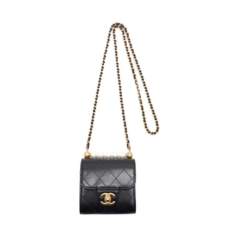 Chanel Mini Matelasse Pearl Chain Shoulder Lambskin Black With Gold Hardware
