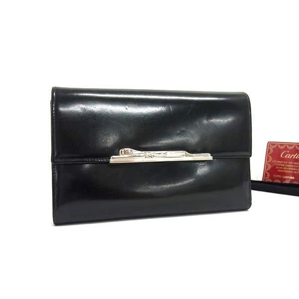 Cartier Long Wallet Panthre Black Patent Leather Trifold Silver