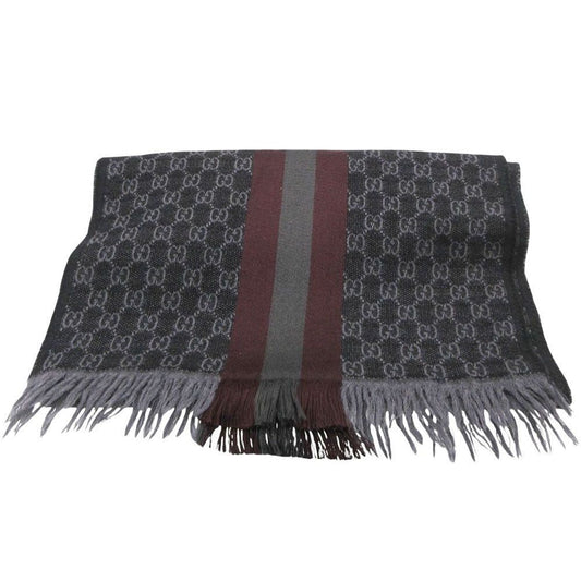 Gucci Scarf Shawl Web Line GG Pattern Fringe Gray Black