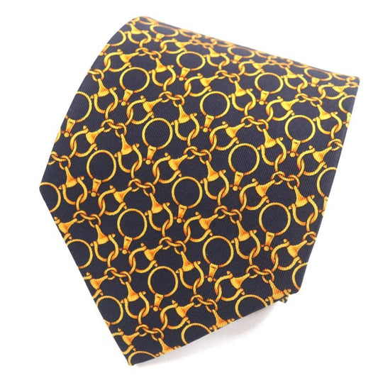 Gucci 100% Silk Cravat Bit Pattern Allover Tie Navy Gold Italymade