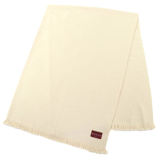Gucci Wool Silk GG Jacquard Fringe Large Shawl Blanket Light Beige 135