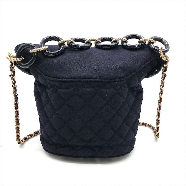 Chanel CC Logo Cotton Jersey Quilted Paris Hamburg 2-Way Chain Shoulder Bag Navy