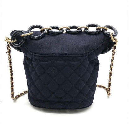 Chanel CC Logo Cotton Jersey Quilted Paris Hamburg 2-Way Chain Shoulder Bag Navy
