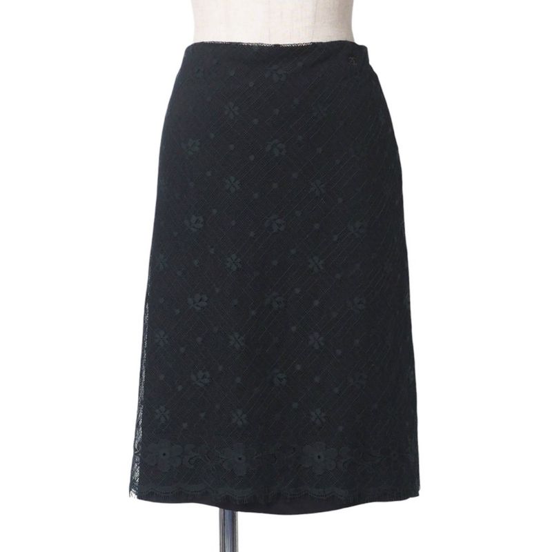 Chanel Skirt Size 40 03A Knee Length CC Logo Coco Mark Floral Lace Black Made