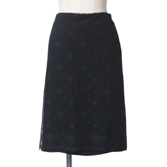 Chanel Skirt Size 40 03A Knee Length CC Logo Coco Mark Floral Lace Black Made