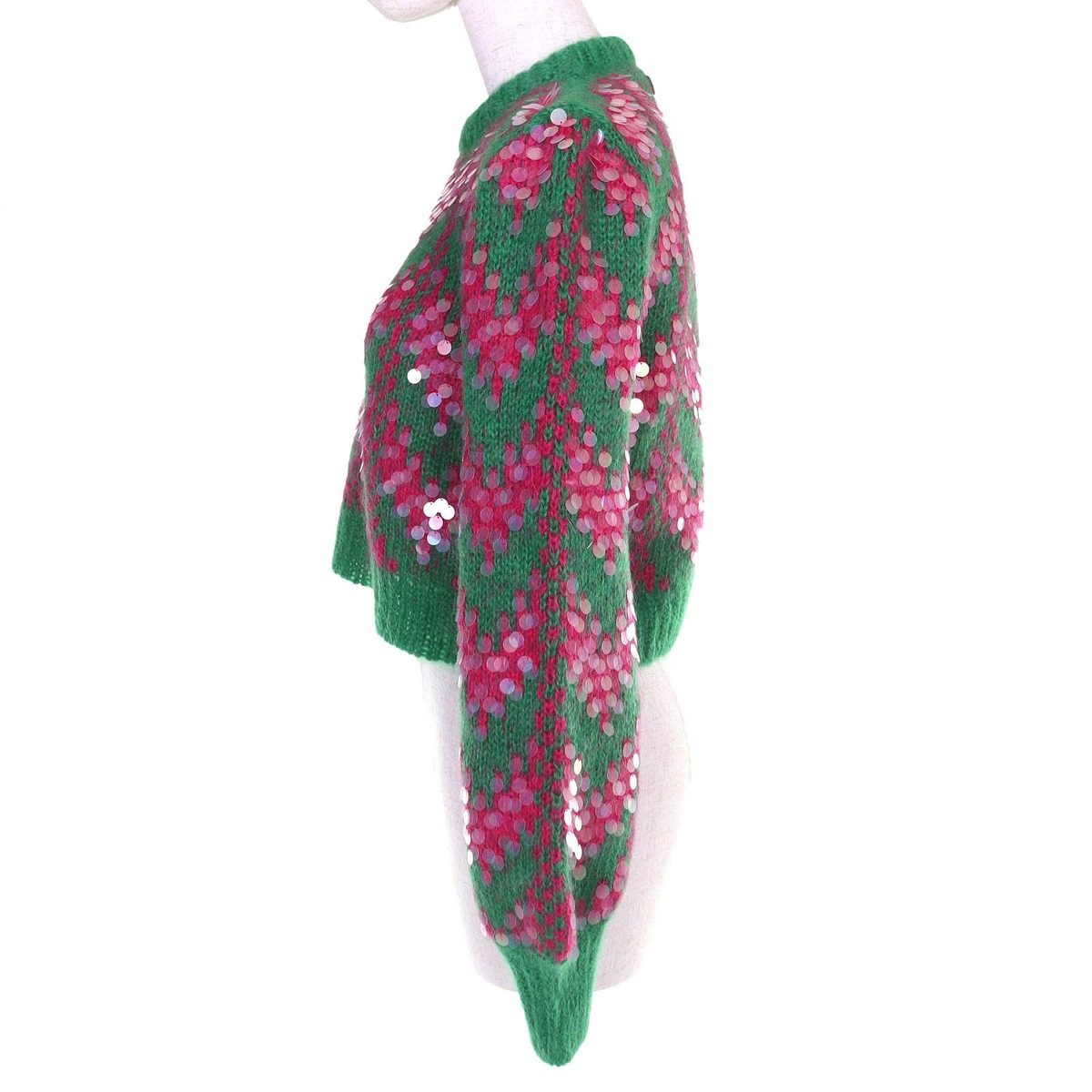 Gucci Sequin Cropped Length Mohair Blend Long Sleeve Knit Sweater Green Pink XS — view 2