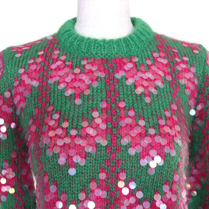 Gucci Sequin Cropped Length Mohair Blend Long Sleeve Knit Sweater Green Pink XS — view 4