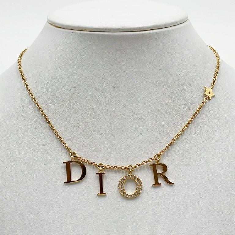 Dior Christian Necklace Dioevolution Gold Metal Rhinestone Logo