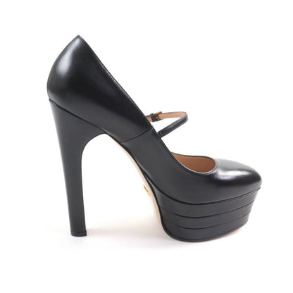 Gucci 750490 Belt Design Almond Toe Thick Sole Leather Pumps Black 37.5 Made In