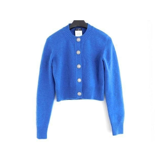 Chanel Cashmere CC Logo Star Button Knit Cardigan 36 Blue