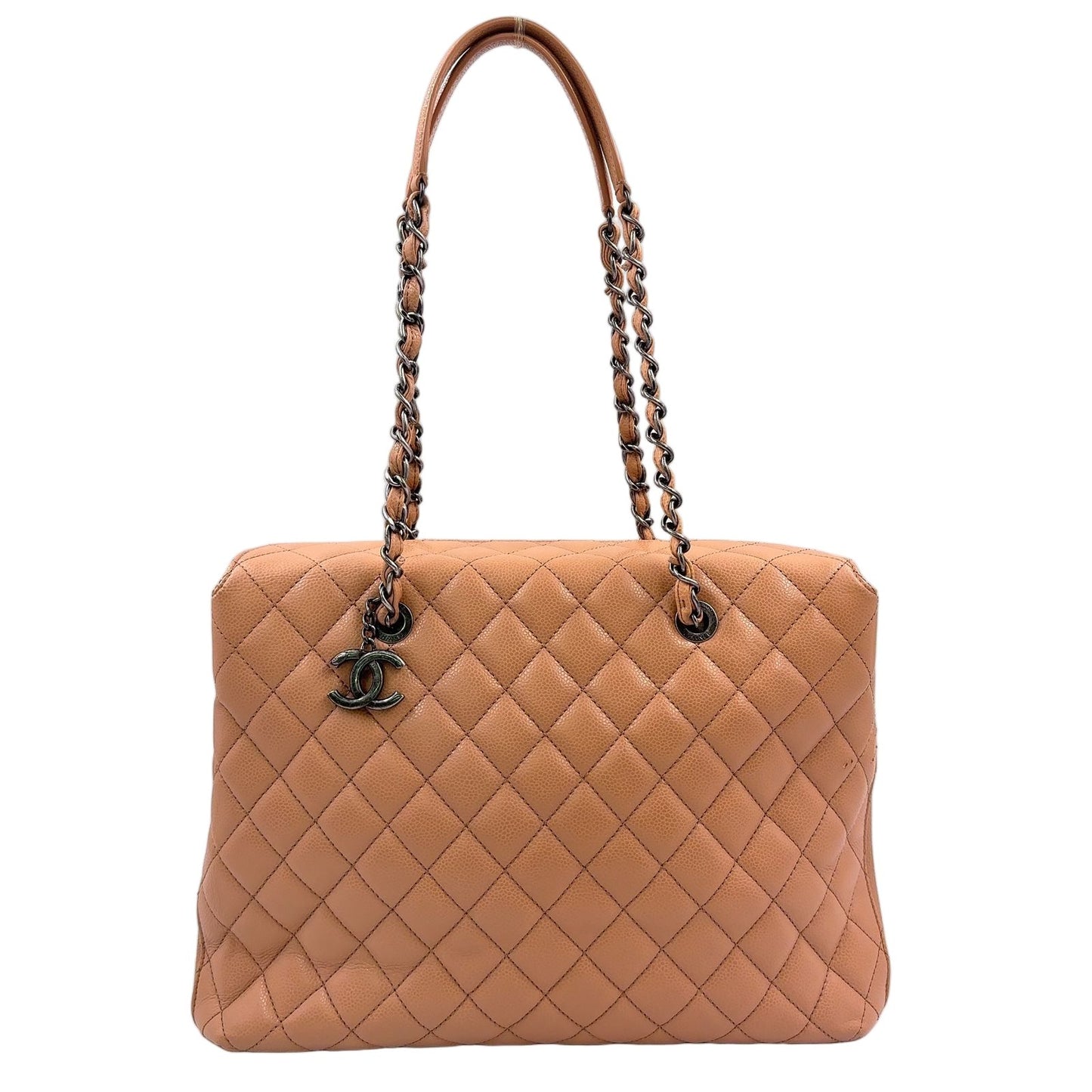Chanel Quilted Logo Charm Caviar Leather Pink Chain Tote Silver