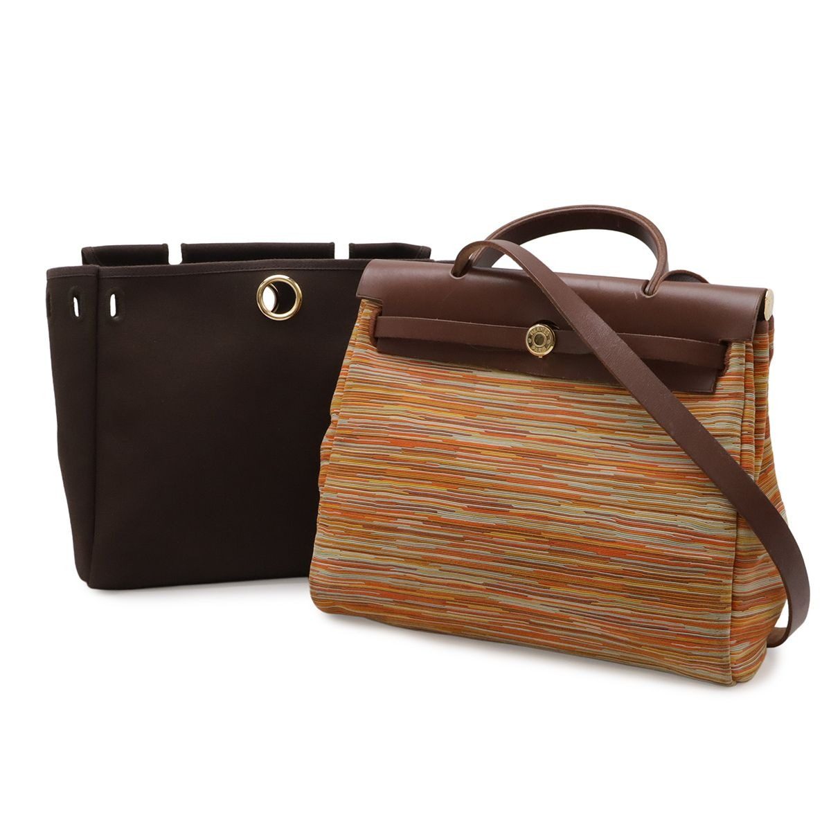 Hermes Herbag PM 2-Way Shoulder Bag Vibrato Leather Toile Officier Orange Brown