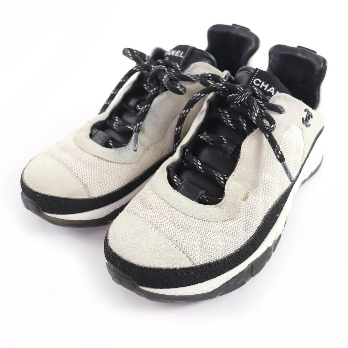 Chanel CC Logo Leather Lace Up Mesh Sneakers Off White 41
