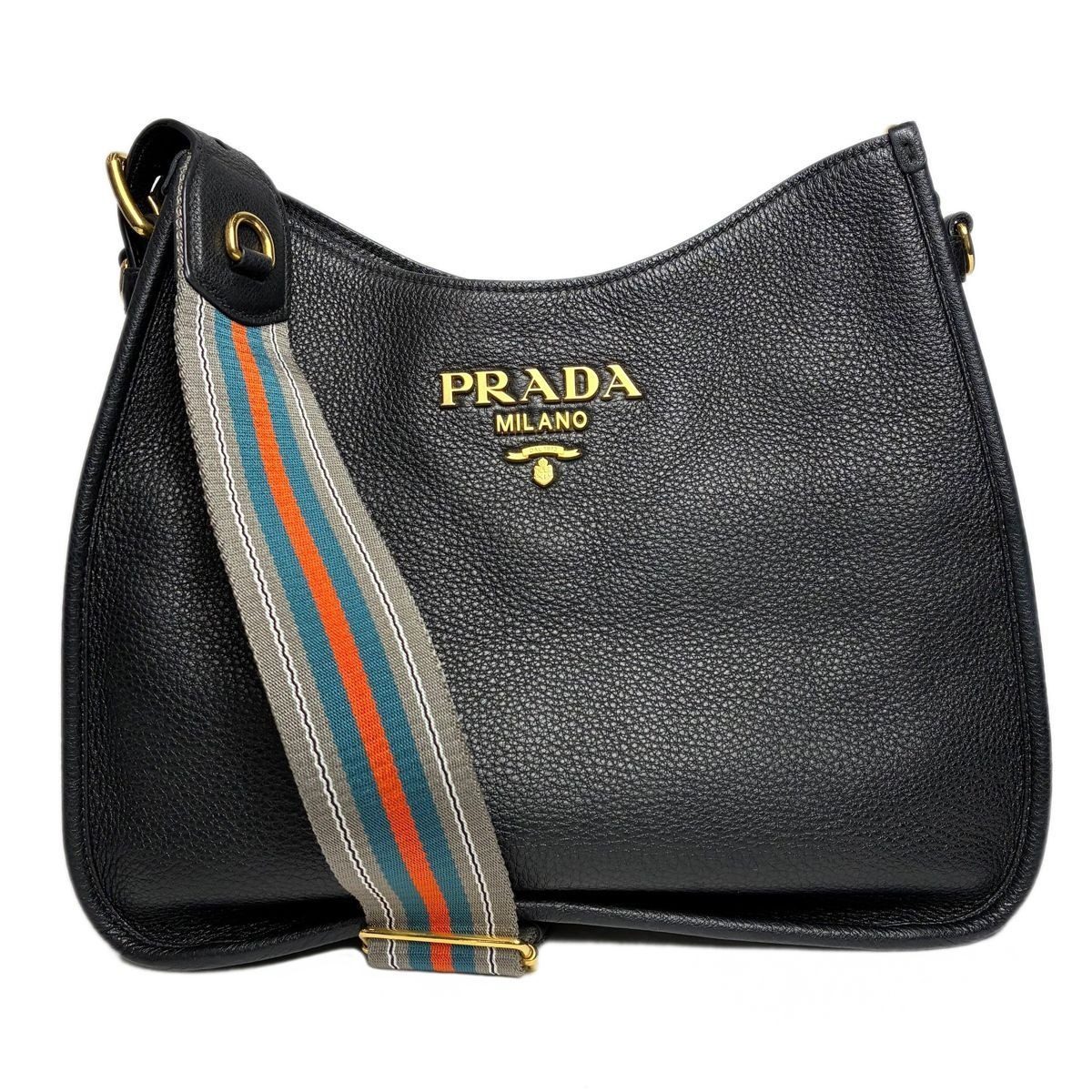 Prada Vitello Daino Shoulder Bag Black Gold Logo