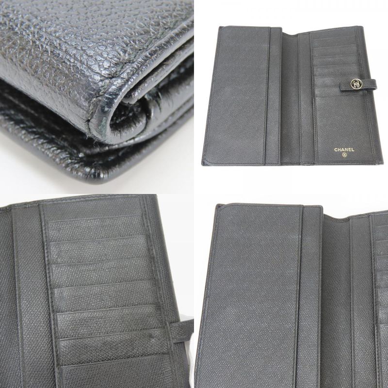 Chanel Long Wallet Coco Button Leather Black Fold Double Hook Coco Mark Ladies