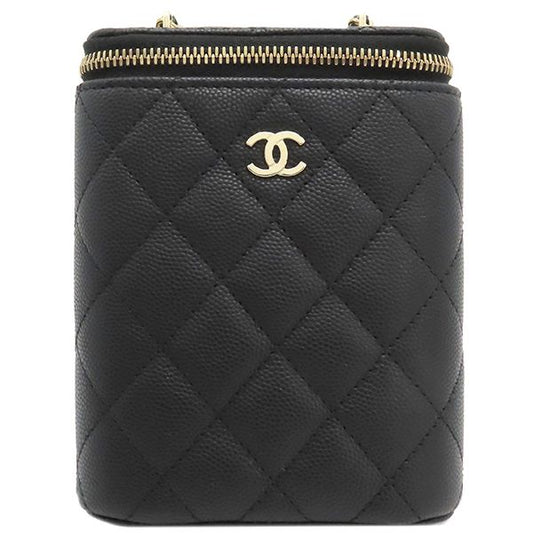 Chanel Shoulder Bag Matelasse Small Vanity Bag Caviar Skin Black Gold Hardware
