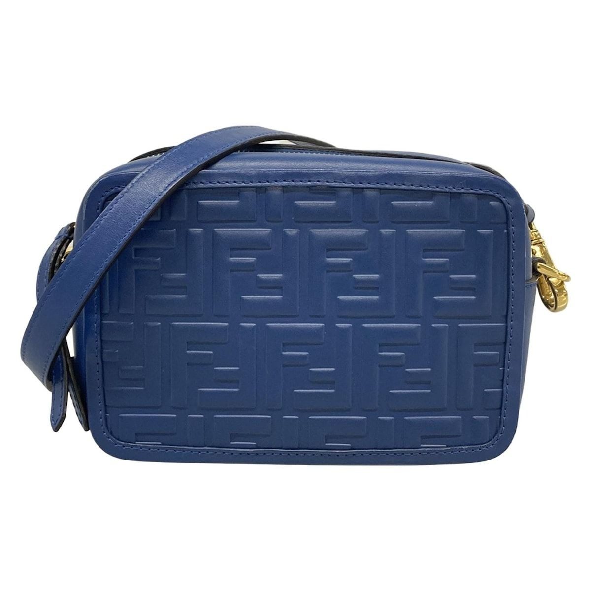 Fendi Shoulder Bag Cam Zucca Pattern Blue Camera Case Embossed Leather