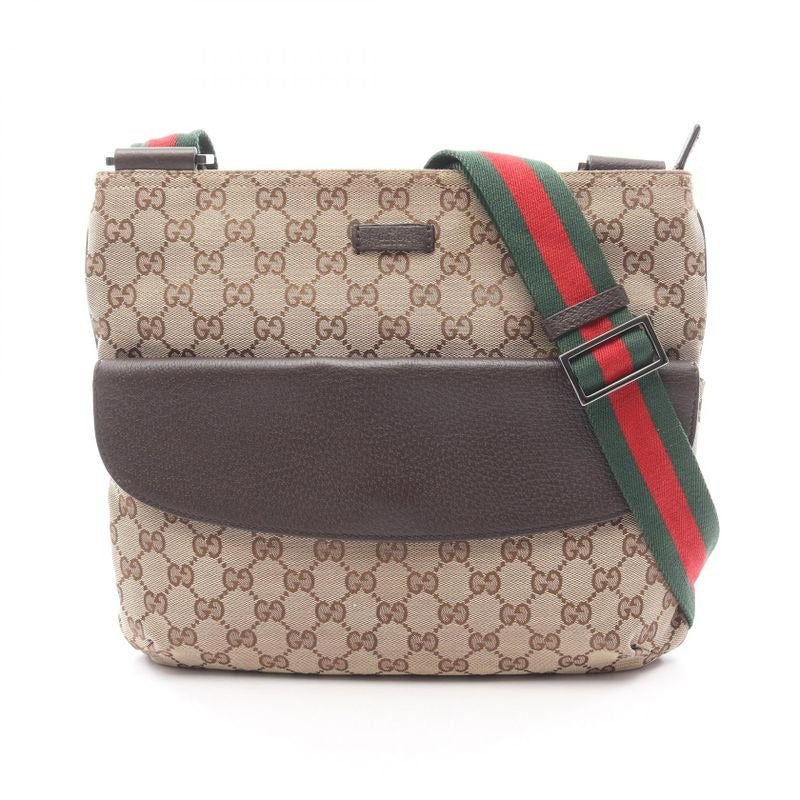 Gucci Shoulder Bag GG Canvas Sherry Line Beige Dark Brown Leather