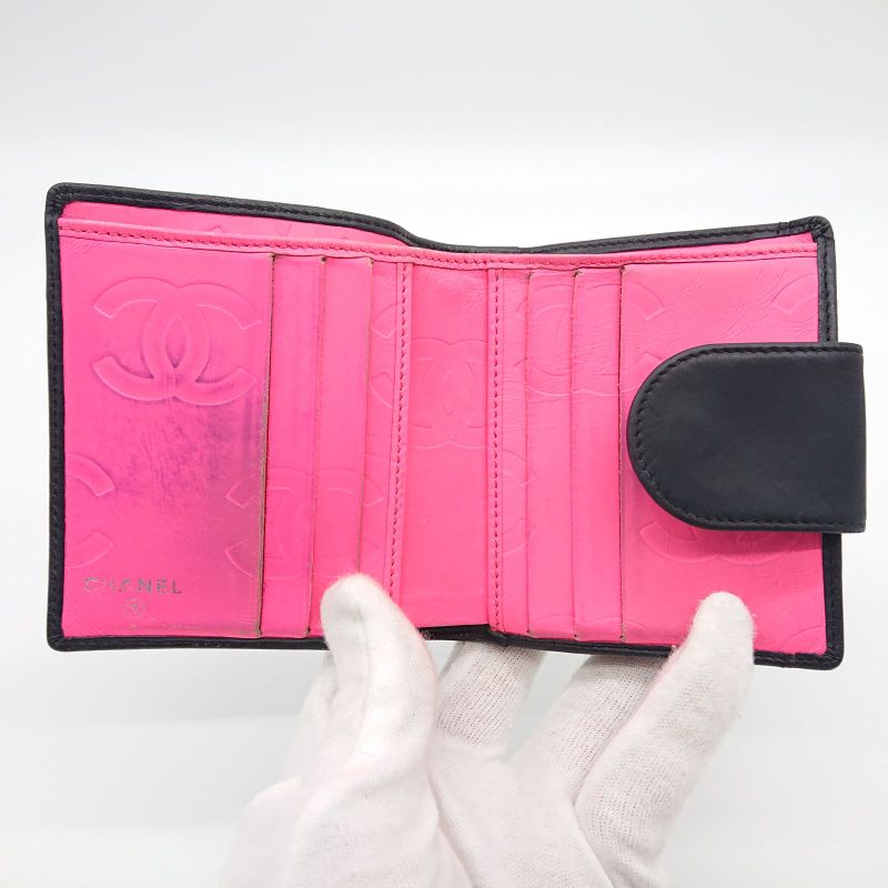 Chanel Cambon Line Folding Wallet With Clasp Black Coco Mark Lambskin Box With
