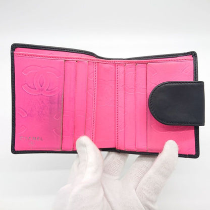 Chanel Cambon Line Folding Wallet With Clasp Black Coco Mark Lambskin Box With
