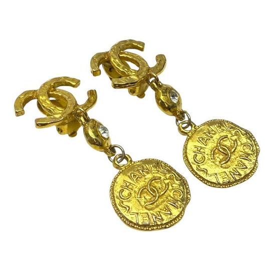 Chanel Rhinestone Swing Earrings Vintage Clip Type Gold GP Accessory Jewelry