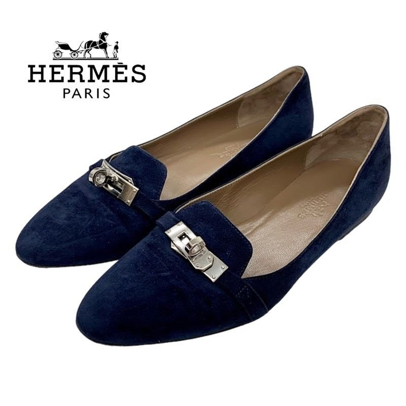 Hermes Pegase Pegasus Flat Shoes Suede Navy Silver Kelly Hardware Loafers