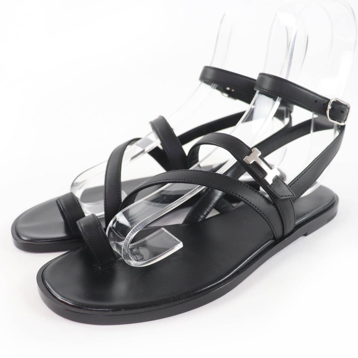 Hermes Armoni Silver Hardware Hhardware Ankle Strap Leather Sandals Black 35
