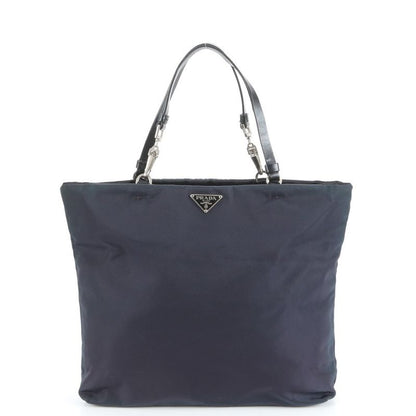 Prada Tessuto Nylon Triangle Logo Leather Tote Bag Shoulder Hand Navy Genuine