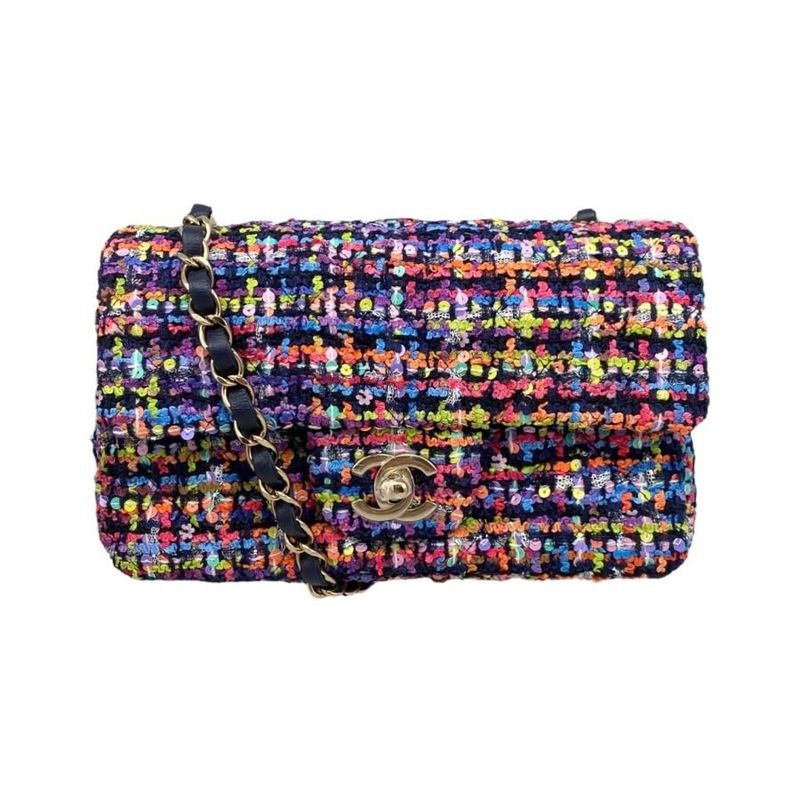 Chanel Shoulder Bag Mini Classic Chain Flap Quilted Tweed Sequins Coco