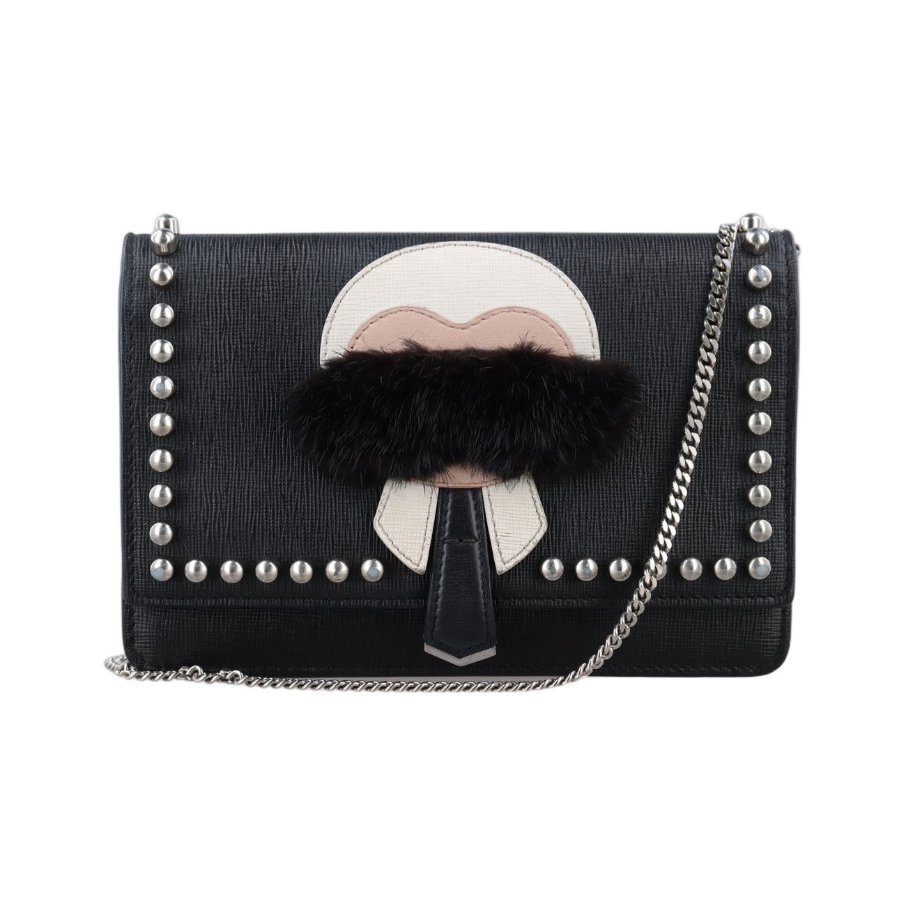 Fendi Carlito Lagerfeld Studs Black Leather Messenger Bag