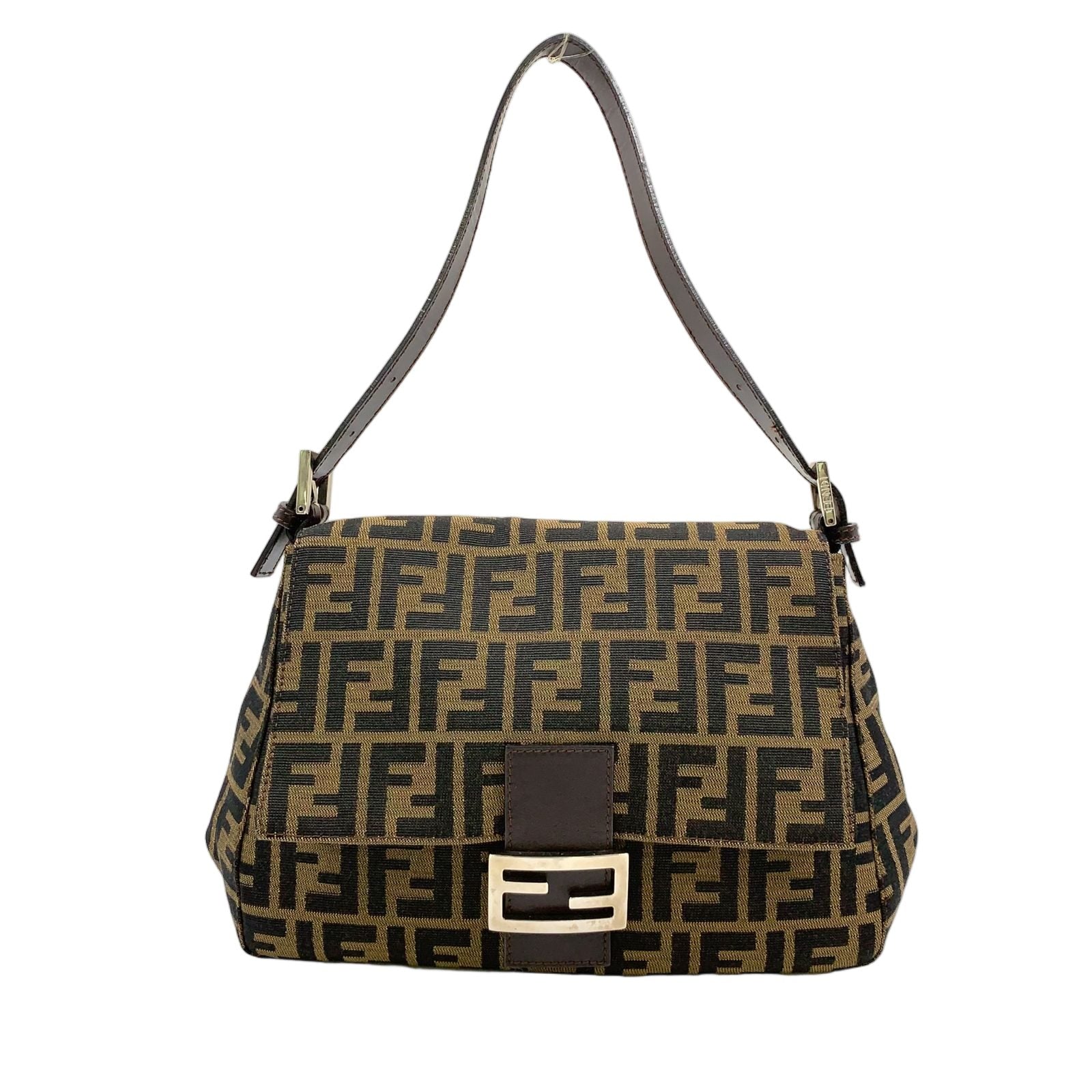 Fendi Mamma Bucket Leather Canvas Dark Brown Beige Shoulder Bag Silver
