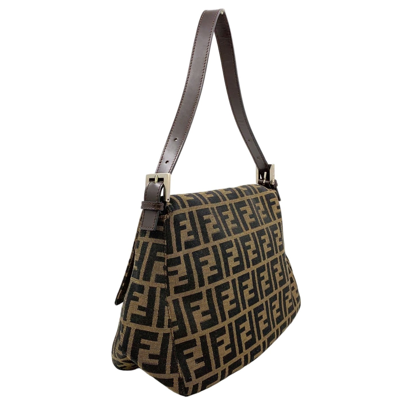 Fendi Mamma Bucket Leather Canvas Dark Brown Beige Shoulder Bag Silver — view 2