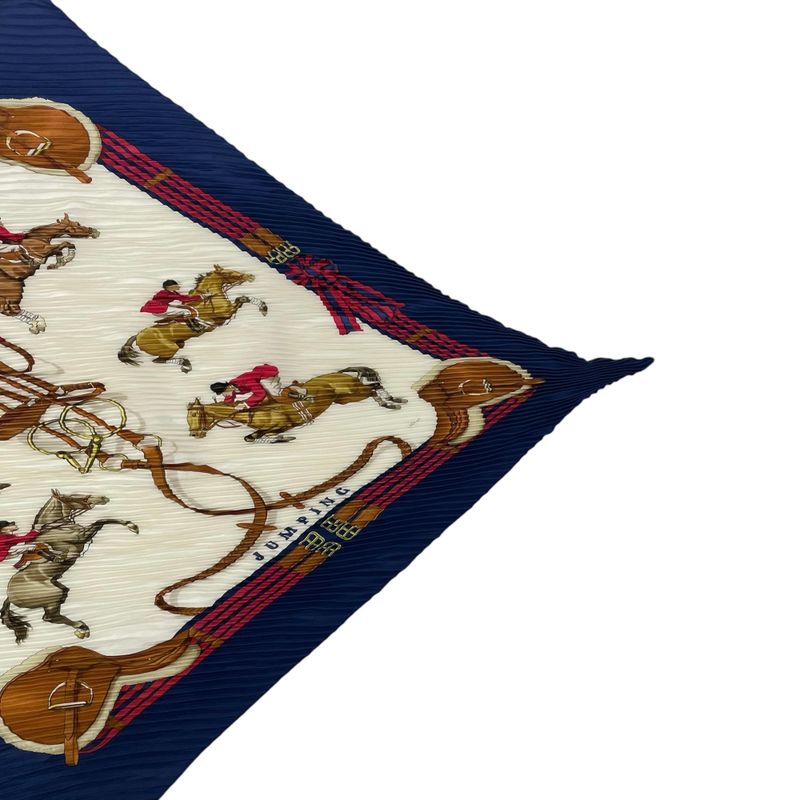 Hermes Scarf Pleated Silk Jumping Horse Riding Horse Navy And Red With Box