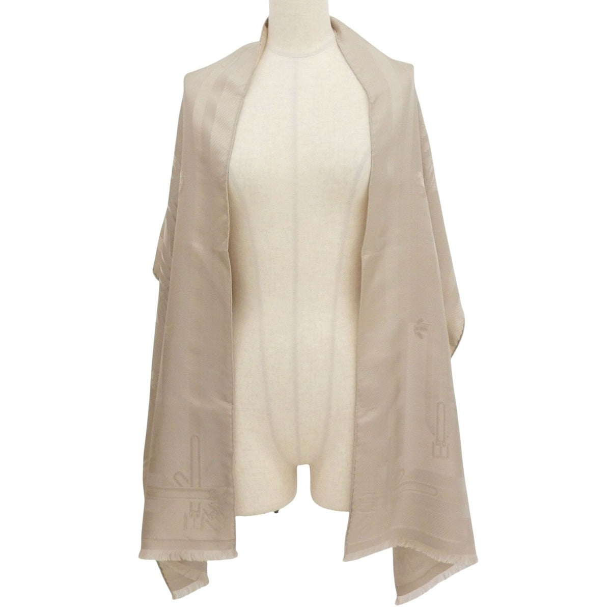 Hermes les Sangles Silk Echarpe Foulard with Fringe Shawl Beige — view 3