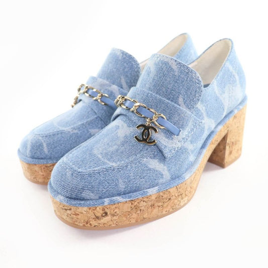Chanel 23 B Chain Decoration Denim Loafers Indigo With Coco Mark Hardware