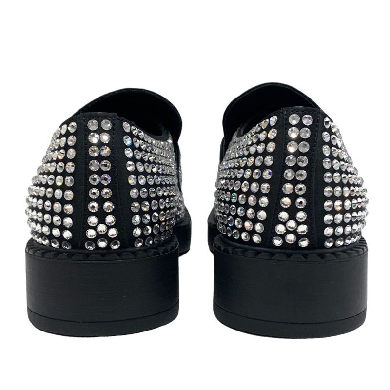 Prada Loafers Leather Shoes Satin Black Crystal Rhinestone Logo Plate Men's