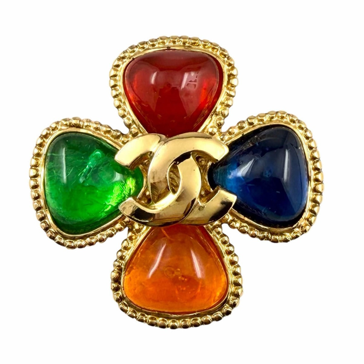 Chanel Vintage CC Logo Gripoix Flower Brooch Multi Gold