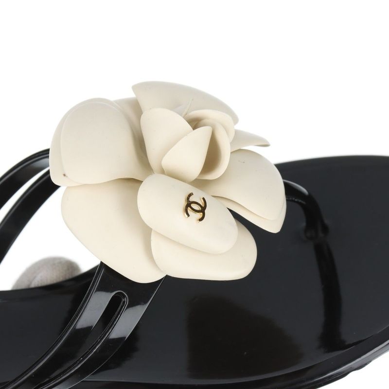 Chanel Coco Mark Camellia Rubber Sandals Women's 35 Black And White Made In