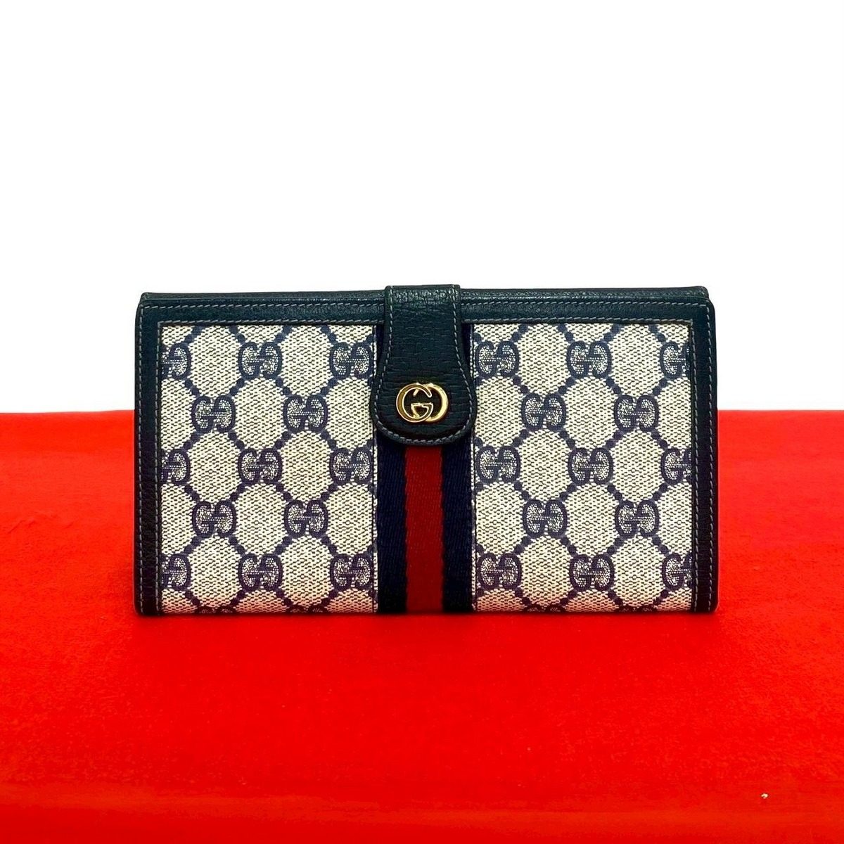 Gucci Vintage Sherry Line GG Logo Leather Bifold Wallet Navy