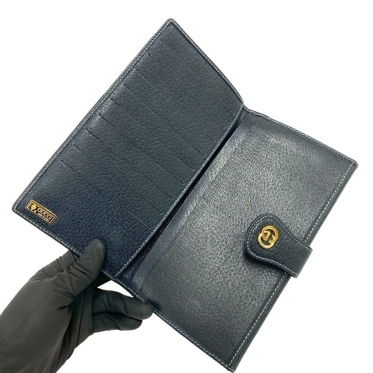 Gucci Vintage Sherry Line GG Logo Leather Bifold Wallet Navy — view 7
