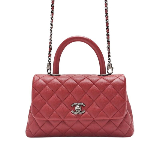 Chanel Quilted Coco Handle 2-Way Handbag Caviar Leather Red With Silver Hardware