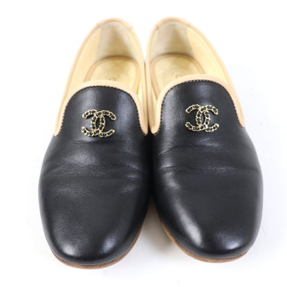 CHANEL 17G G31630 Flat Leather Shoes With Coco Mark Black Beige 34.5 With Box