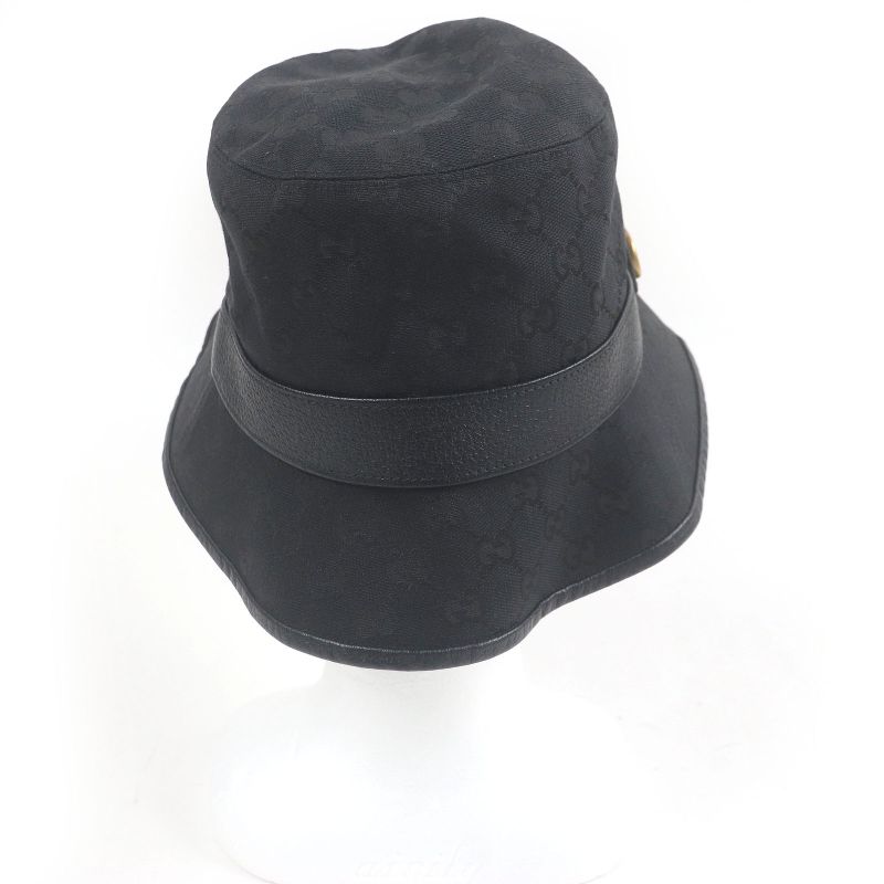 Gucci 576587 GG Canvas GG Marmont Logo Gold Hardware Bucket Hat Black L/59cm