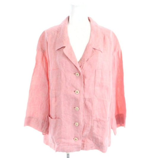 Chanel Vintage Jacket Linen Hemp Open Collar CC Logo Button 42 Pink MW