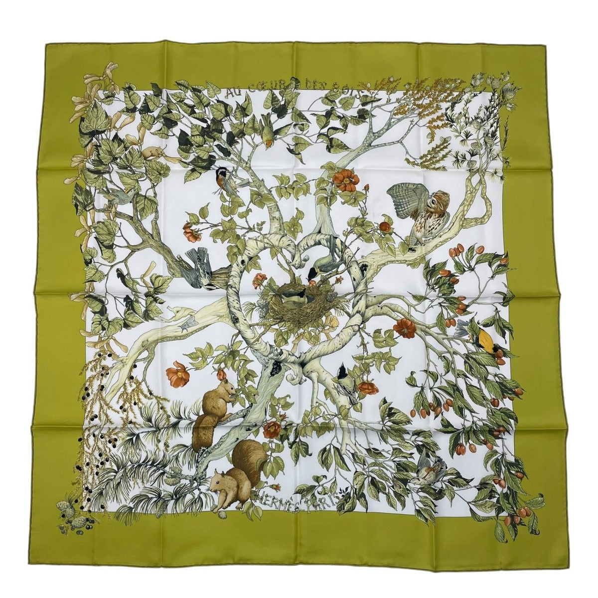 Hermes Carre 90 Scarf AU Coeur Des Bois in the Forest 100% Silk Green