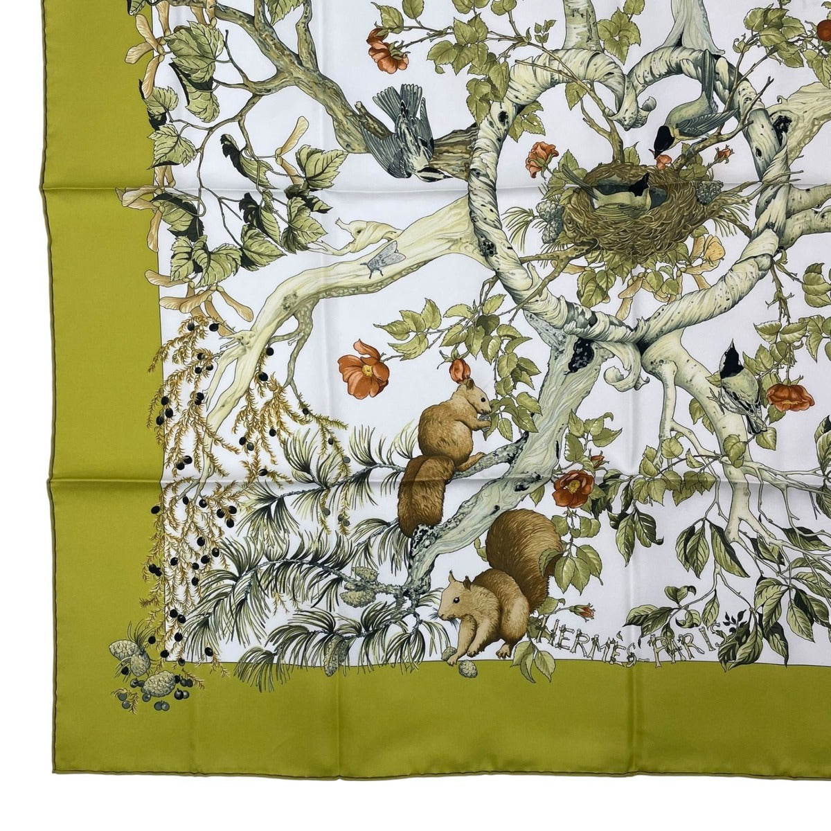 Hermes Carre 90 Scarf AU Coeur Des Bois in the Forest 100% Silk Green — view 4