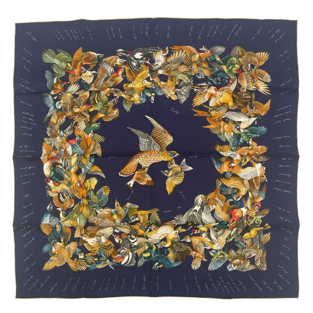 Hermes Scarf Silk Carre 90 L'intrus Intruder Bird Pattern Navy — view 2