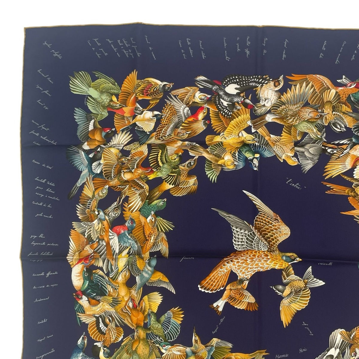 Hermes Scarf Silk Carre 90 L'intrus Intruder Bird Pattern Navy — view 3