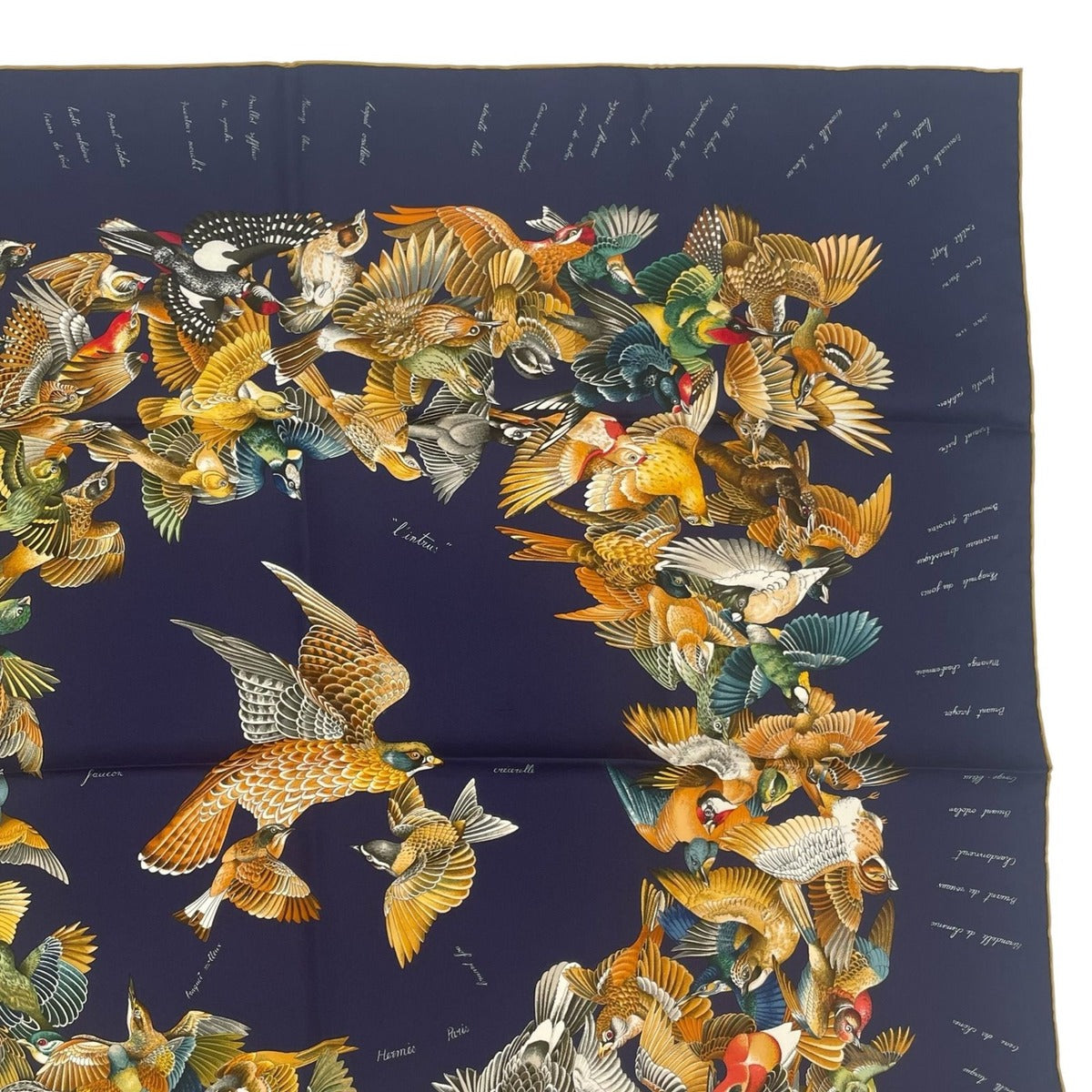 Hermes Scarf Silk Carre 90 L'intrus Intruder Bird Pattern Navy — view 4